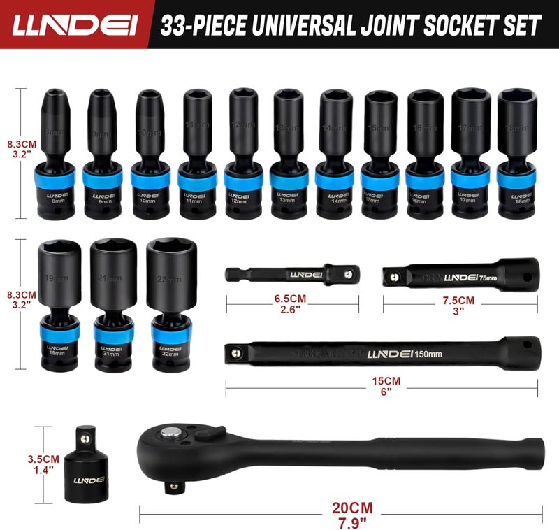 LLNDEI 3/8" Drive Swivel Socket Set, 19PCS Deep Universal Impact Socket Set, Metric(8mm-22mm) Premiun Wobble Socket Set, CR-MO Steel,3"& 6" Extension Bar, Ad - Image 2